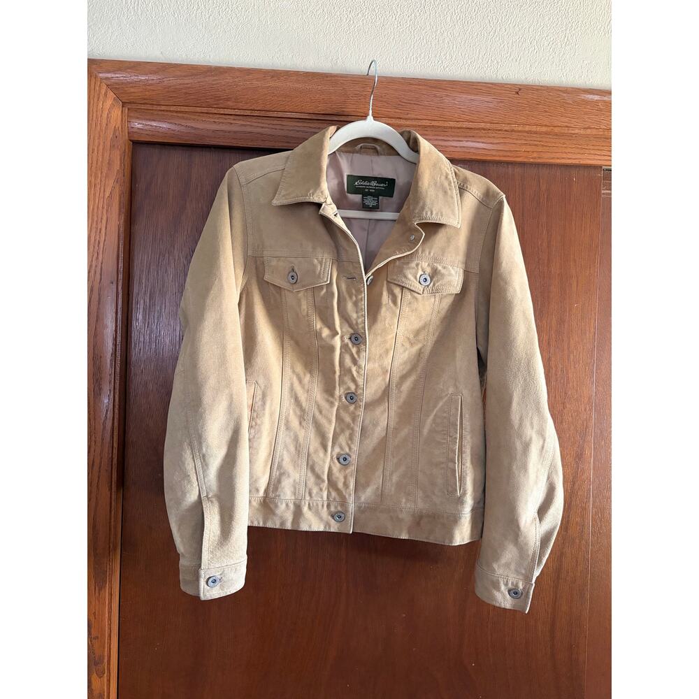 Eddie Bauer Genuine Leather Tan Trucker Jacket Womens Medium Button Front